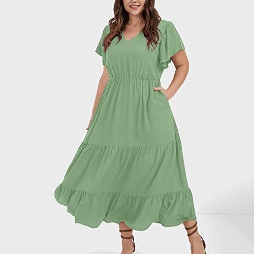 נשים בתוספת גודל קיץ שמלות מקרית ראפלס קצר שרוול קפלים מותניים מקסי שמלת אונליין זורם שכבות נדנדה שמלה