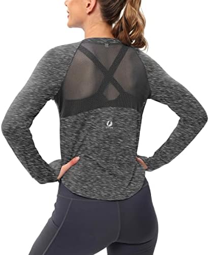 חולצות אימון של שרוול ארוך של אמצעי לנשים המריצות חולצת כושר יוגה עם חור אגודל נושם רשת אחורה של האישה