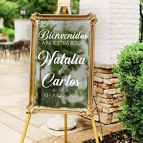 מדבקות אמנות ויניל - Bienvenidos a nuestra boda - 30 x 22 - מדבקה אלגנטית בהתאמה אישית פריסה ספרדית אנכית מותאמת אישית לברכת חתונה נישואי