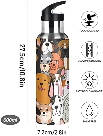 Umiriko Husky Dog Pug Pug כלב בקבוק מים תרמוס עם מכסה קש 20 גרם לילדים בנות בנות, אטום דליפת בעלי חיים, נירוסטה מבודדת ואקום, קירות כפול,
