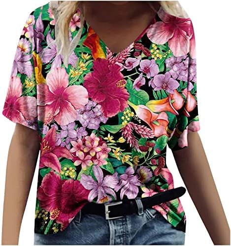 צמרות פרחוניות לנשים שרוול קצר 3D הדפס חולצה אביב קיץ V צוואר חולצות הוואי חולצות חוף רופפות מזדמנים