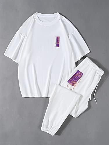 FIOXA תלבושות שני חלקים לגברים גברים בניגוד פאנל מכתב סיני טיי גרפי ומכנסי סהוט של המותניים המותניים