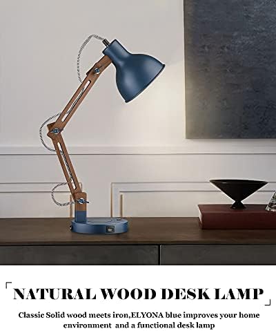 מנורת שולחן עץ מלא של אליונה עם מטען אלחוטי, נמל סוג C ואור תליון מודרני של אמצע המאה - כחול