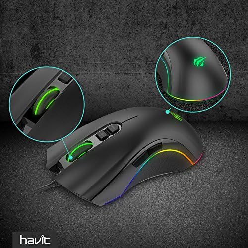 HAVIT עכבר למשחקים לתכנות 4000DPI 7 כפתורים RGB תאורה אחורית קווית אופטית למחשב נייד, מחשב ומחשב, MS794
