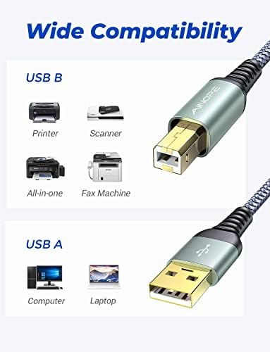 כבל מדפסת USB של Ainope, כבל מדפסת USB 16ft/5 מטר USB לעולם אל תקרע USB 2.0 סוג A זכר ל- B סורק זכר מהירות גבוהה עבור HP, Canon, Dell,