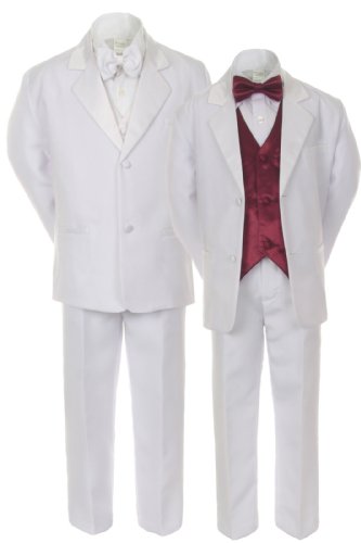7 יחידות חליפות לבנות בנים טוקסידו עם סט אפוד עניבת סאטן בורדו