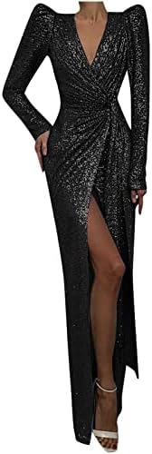נשים פאייטים שמלת ערב סקסי עם צווארון אונליין ארוך שרוול פיצול קוקטייל שמלה גבוהה מותן מקיר לקיר אורך המפלגה שמלות