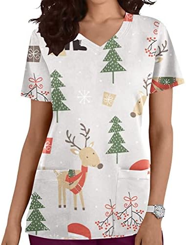 נשים של חג המולד סקראבס חולצות קצר שרוול מצחיק חמוד חג לשפשף חולצות צוואר רך כיסים חדש שנה בגדי עבודה 2023