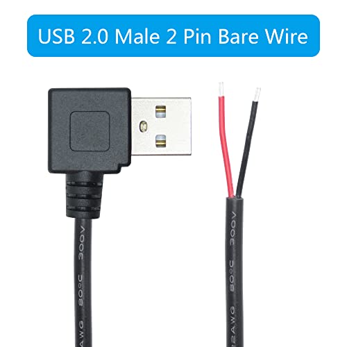90 מעלות USB 2.0 תקע זכר 2 חוט חשוף סיכה, 1M/3.3ft USB צמה זכר כבל חשמל קצה פתוח, עבור ציוד USB 12V/3A מותקן או החלף DIY כבל תיקון