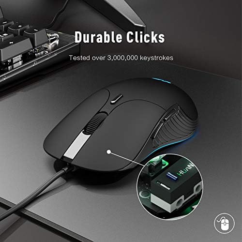 עכבר מחשב קווי חוטאי, USB קווי חוטית 4800DPI מתכווננת ו 6 כפתורים לתכנות, קליק שקט, מעקב אופטי, עכבר ארגונומי, יעיל למחשבים ניידים למחשב