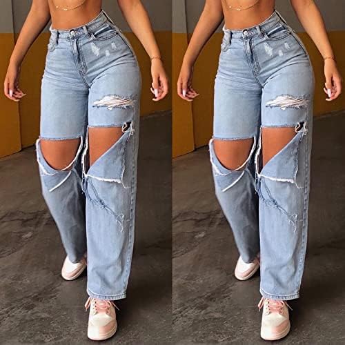 Miashui ג'ינס מותניים נשות וינטג 'כחול מותניים גבוהים קרעו מכנסי ג'ינס ישרים מכנסיים ג'ינס מכנסיים ג'ין לנשים גבוהות