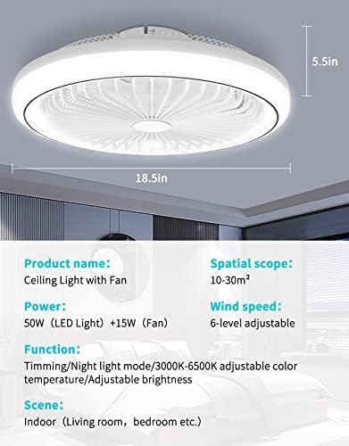 מאווררי תקרה של Famuure עם אורות, 3000K/4500K/6500K צבע השתנה מאוורר תאורת תקרה עם שלט רחוק, 18.5 אינץ 'מנורת תקרה חכמה עם להבי מהירות