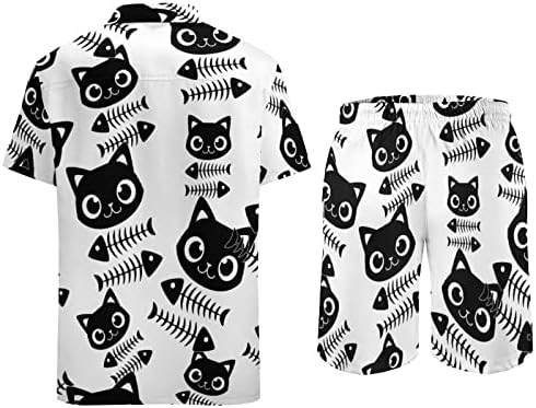 WEEDKEYCAT חתול ודגים עצמות דגים תלבושות חוף גברים 2 חלקים כפתור הוואי למטה חולצה קצרה שרוול ומכנסיים קצרים תא מטען