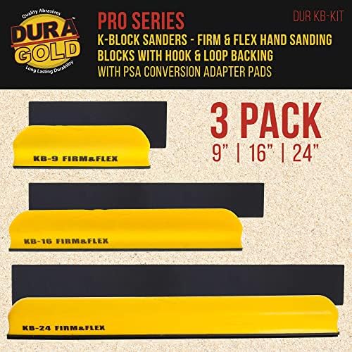 סדרת Dura-Gold Pro K-Block Sander Firm & Flex Whocking Sanding Kit עם גיבוי וו ולולאה ומשטח מתאם PSA & 180 גליל נייר זכוכית גריט