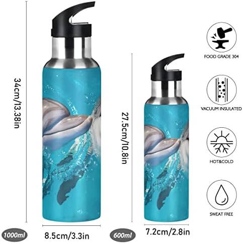 דולפינים חמודים של גלפי בבקבוק המים האוקיאנוס עם מכסה קש, ללא BPA, 32 עוז בקבוקי מים מבודדים נירוסטה, לבית ספר, משרד, חדר כושר, ספורט,