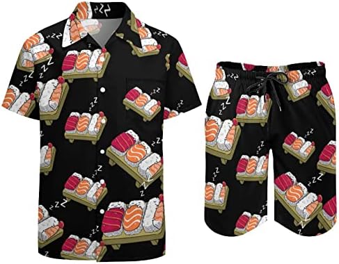 WEEDKEYCAT סושי ישן תלבושות חוף לגברים 2 חלקים כפתור הוואי מטה חולצה קצרה שרוול ומכנסי תא מטען קצרים