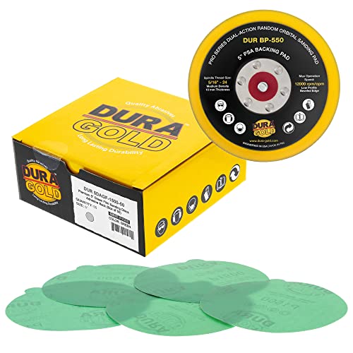 Dura -Gold 5 סרטים ירוקים PSA דיסקים מלטש - 1500 חצץ ו -5 פלט פלטת גיבוי פסא דה סנדר